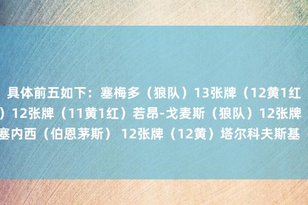 具体前五如下：塞梅多（狼队）13张牌（12黄1红）库库雷利拉（切尔西）12张牌（11黄1红）若昂-戈麦斯（狼队）12张牌（12黄）马克斯-塞内西（伯恩茅斯） 12张牌（12黄）塔尔科夫斯基（埃弗顿） 12张牌（12黄）体育录像/图片